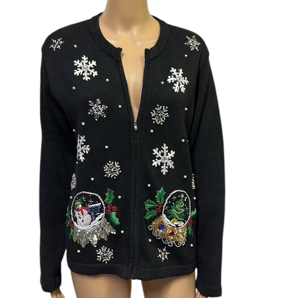 BP Design Vintage Zip Up Cardigan Christmas Sweater Embroidered Sequins Beads M
